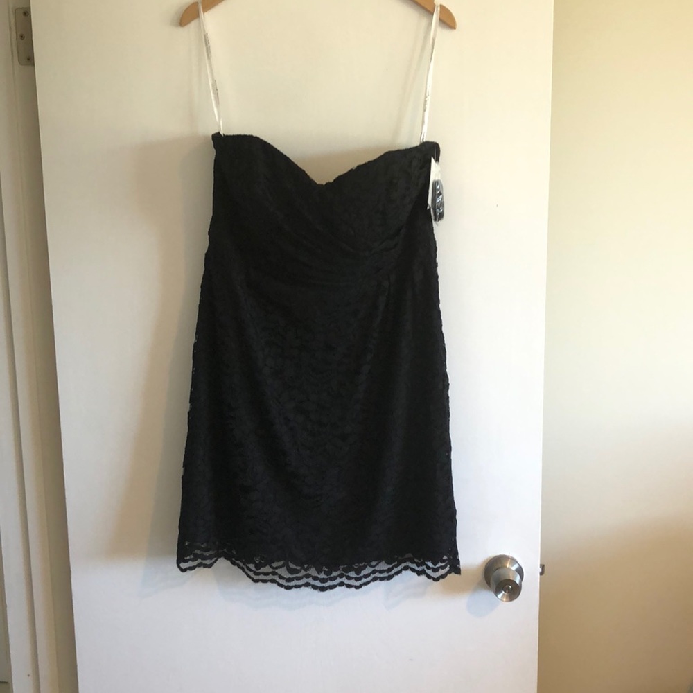 David’s Bridal Black Short Strapless Lace Dress